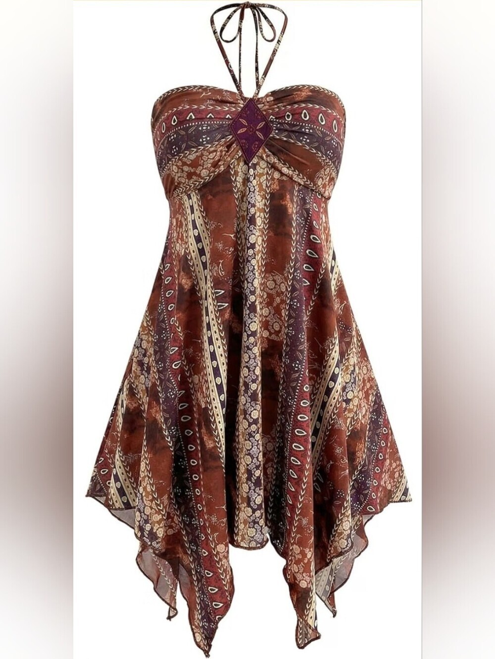 NWT Boho 70s Halter Mini Dress Embroidered Handkerchief Hem L